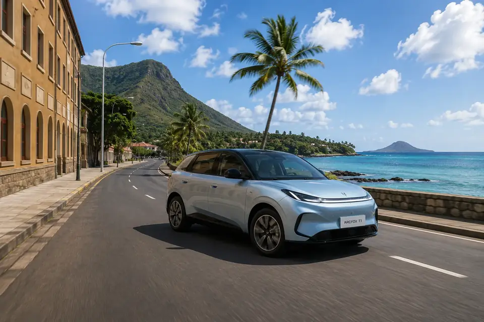 ARCFOX car on a coastal road in Mauritius