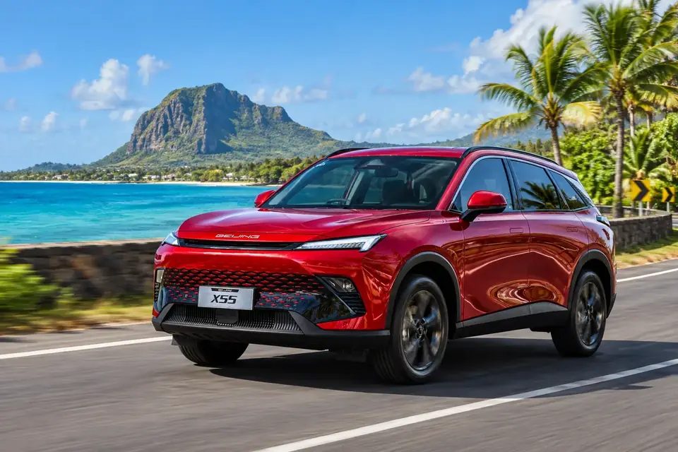 BAIC SUV on a coastal road in Mauritius